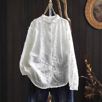 2025 tavaszi új, háromdimenziós, virágos hímzésű, pamut, laza, karcsúsító, édes, mindenhez illő, állógalléros hosszú ujjú ing