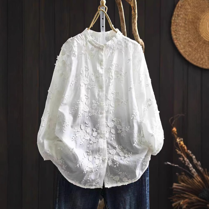 2025 tavaszi új, háromdimenziós, virágos hímzésű, pamut, laza, karcsúsító, édes, mindenhez illő, állógalléros hosszú ujjú ing