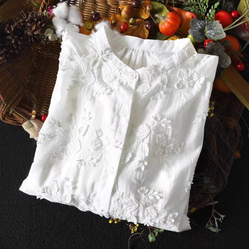 2025 tavaszi új, háromdimenziós, virágos hímzésű, pamut, laza, karcsúsító, édes, mindenhez illő, állógalléros hosszú ujjú ing