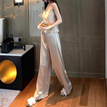 Дамски летни, елегантни, ежедневни, широки панталони с висока талия и драпирани тънки панталони от ледена коприна, прави панталони от сатенена оцетна киселина