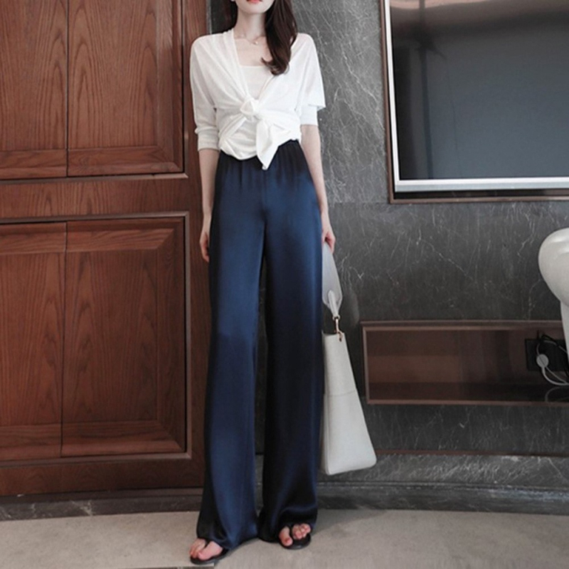 Ecetsav szatén egyenes szabású nadrág női nyári elegáns hétköznapi bő szárú nadrág magas derekú drapéria jég selyem vékony nadrág