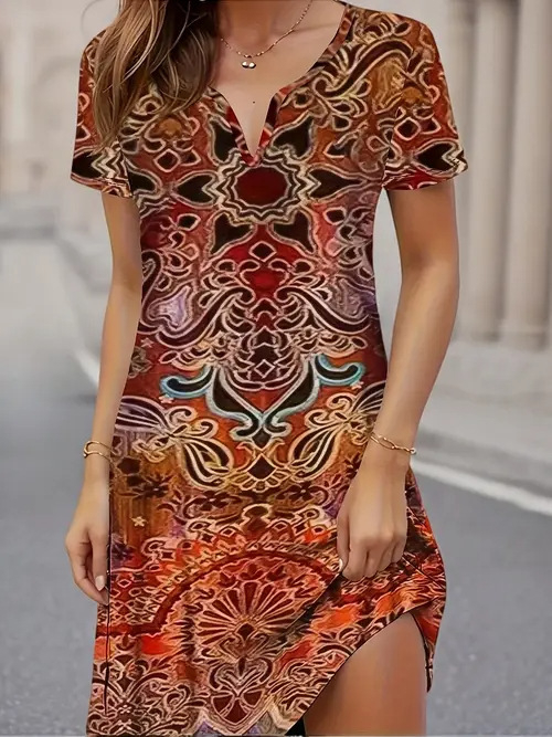 Divatos elegáns temperamentumos nyomtatott, bevágott rövid ujjú ruha Női 2025 tavaszi és nyári új rövid ujjú ruha