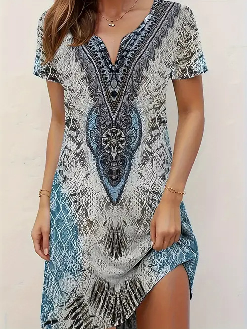 Divatos elegáns temperamentumos nyomtatott, bevágott rövid ujjú ruha Női 2025 tavaszi és nyári új rövid ujjú ruha