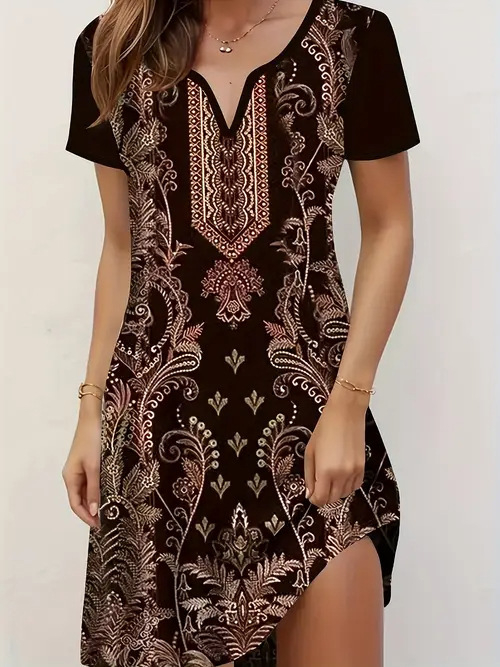 Divatos elegáns temperamentumos nyomtatott, bevágott rövid ujjú ruha Női 2025 tavaszi és nyári új rövid ujjú ruha