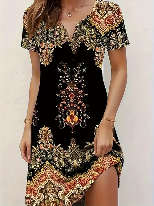 Divatos elegáns temperamentumos nyomtatott, bevágott rövid ujjú ruha Női 2025 tavaszi és nyári új rövid ujjú ruha