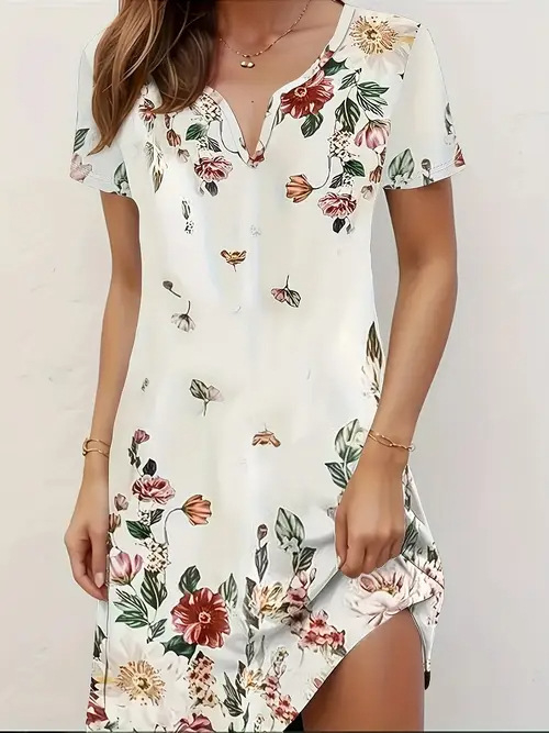 Divatos elegáns temperamentumos nyomtatott, bevágott rövid ujjú ruha Női 2025 tavaszi és nyári új rövid ujjú ruha