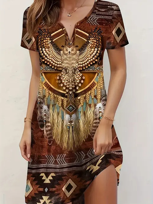 Divatos elegáns temperamentumos nyomtatott, bevágott rövid ujjú ruha Női 2025 tavaszi és nyári új rövid ujjú ruha