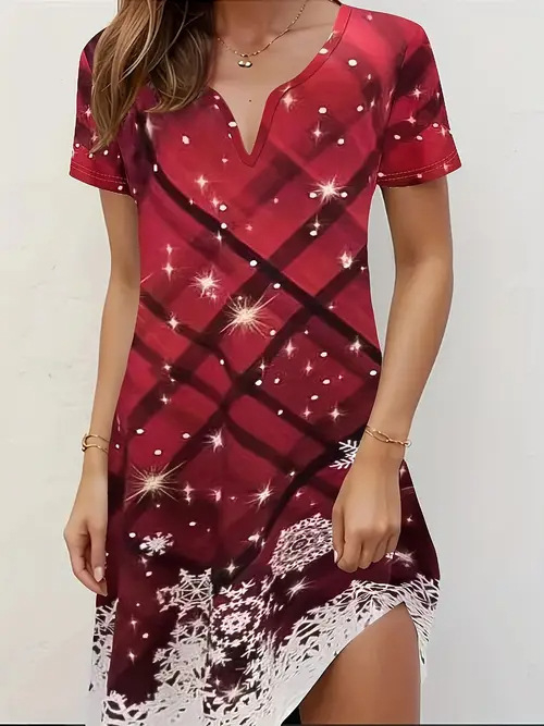 Divatos elegáns temperamentumos nyomtatott, bevágott rövid ujjú ruha Női 2025 tavaszi és nyári új rövid ujjú ruha