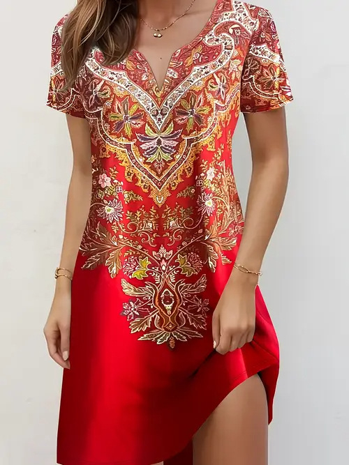 Divatos elegáns temperamentumos nyomtatott, bevágott rövid ujjú ruha Női 2025 tavaszi és nyári új rövid ujjú ruha