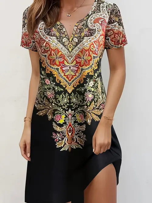 Divatos elegáns temperamentumos nyomtatott, bevágott rövid ujjú ruha Női 2025 tavaszi és nyári új rövid ujjú ruha