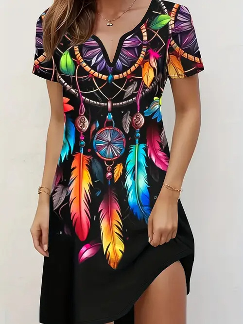 Divatos elegáns temperamentumos nyomtatott, bevágott rövid ujjú ruha Női 2025 tavaszi és nyári új rövid ujjú ruha