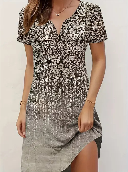 Divatos elegáns temperamentumos nyomtatott, bevágott rövid ujjú ruha Női 2025 tavaszi és nyári új rövid ujjú ruha