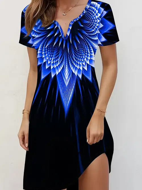 Divatos elegáns temperamentumos nyomtatott, bevágott rövid ujjú ruha Női 2025 tavaszi és nyári új rövid ujjú ruha