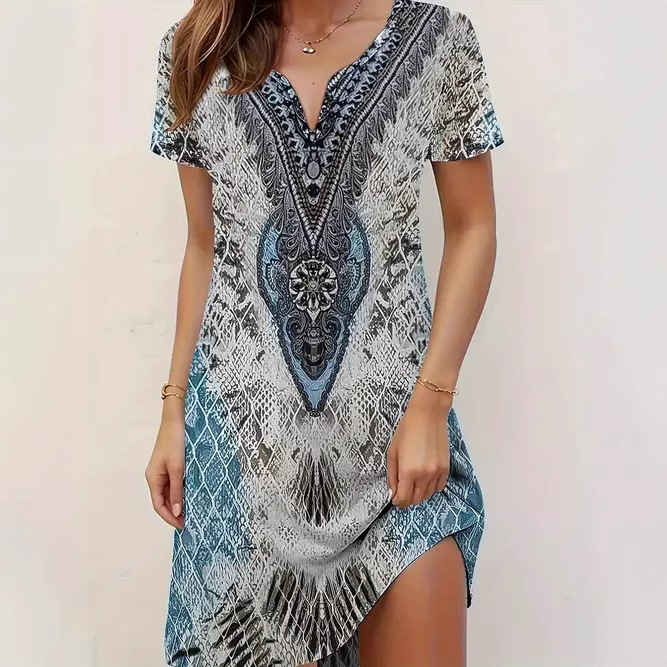 Divatos elegáns temperamentumos nyomtatott, bevágott rövid ujjú ruha Női 2025 tavaszi és nyári új rövid ujjú ruha