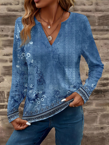 2025-ös külkereskedelmi, határokon átnyúló új női lezser V-nyakú, hosszú ujjú, normál pulóver, digitális nyomtatású női felsőrész