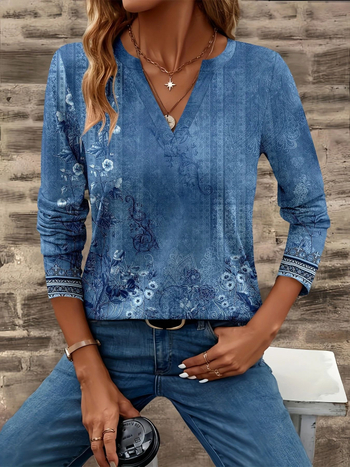 2025-ös külkereskedelmi, határokon átnyúló új női lezser V-nyakú, hosszú ujjú, normál pulóver, digitális nyomtatású női felsőrész