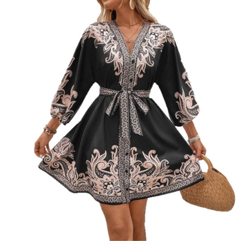 Orosz 2025 nyári, határokon átnyúló, európai és amerikai Amazon női új, V-nyakú, nyomtatott, hétpontos ujjú, fűzős ruha