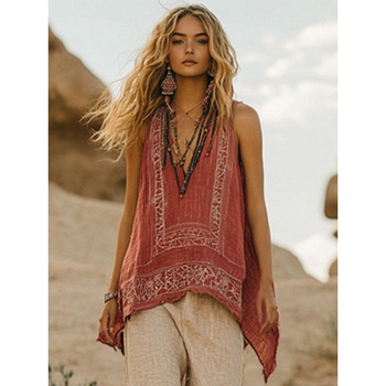 Εξωτερικό Εμπόριο Διασυνοριακά Amazon 2025 Ευρωπαϊκά και Αμερικανικά Ρούχα Καλοκαίρι Νέο Φυτικό Λουλούδι Στάμπα V Λαιμόκοψη Ethnic Tribal Πλάτη