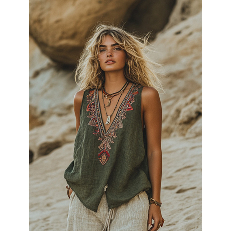 Külkereskedelmi Határokon Átnyúló Amazon 2025 Európai és Amerikai Ruházat Nyári Új Növényi Virágmintás V-nyakú Etnikai Törzsi Hátú