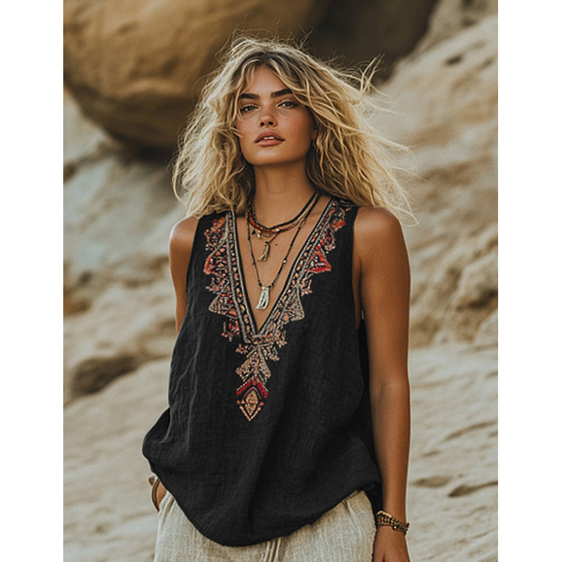 Külkereskedelmi Határokon Átnyúló Amazon 2025 Európai és Amerikai Ruházat Nyári Új Növényi Virágmintás V-nyakú Etnikai Törzsi Hátú