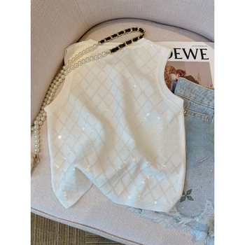 Γυναικείο φανελάκι με λαμπερή φανέλα, λευκό, κοντομάνικο τοπ, με εξωτερικό τελείωμα, design Sense, βαριά βιομηχανία, παγιέτες, δυτικό στυλ, αντιγηραντικό, μοντέρνο