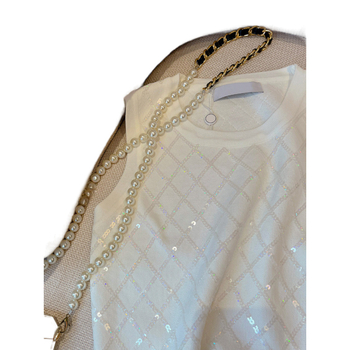 Γυναικείο φανελάκι με λαμπερή φανέλα, λευκό, κοντομάνικο τοπ, με εξωτερικό τελείωμα, design Sense, βαριά βιομηχανία, παγιέτες, δυτικό στυλ, αντιγηραντικό, μοντέρνο