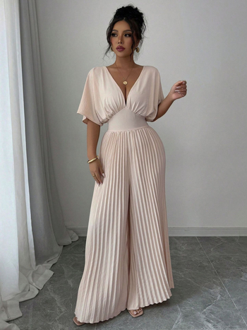 2025 Νέα γυναικεία μονόχρωμη κομψή ολόσωμη φόρμα με βαθύ V ντεκολτέ και πτυχώσεις