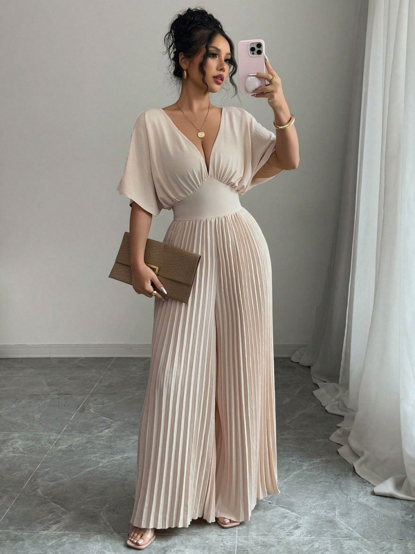 2025 Új Női Egyszínű, Mély V-nyakú, Denevérszárnyas, Rakott Elegáns Overall