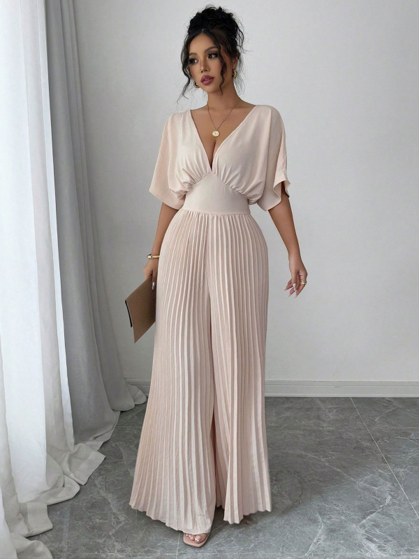 2025 Új Női Egyszínű, Mély V-nyakú, Denevérszárnyas, Rakott Elegáns Overall