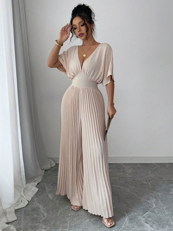 2025 Új Női Egyszínű, Mély V-nyakú, Denevérszárnyas, Rakott Elegáns Overall