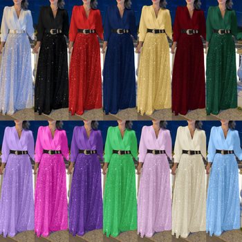 Határokon átnyúló európai és amerikai új divatos V-nyakú hosszú ujjú ing, elegáns derekú, karcsúsító, flitteres, bő szárú nadrág övvel.