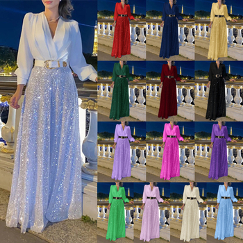 Νέας μόδας ευρωπαϊκή και αμερικανική μπλούζα με V λαιμόκοψη, κομψό παντελόνι με φαρδιά γραμμή και πούλιες, με ζώνη και μακριά μανίκια.