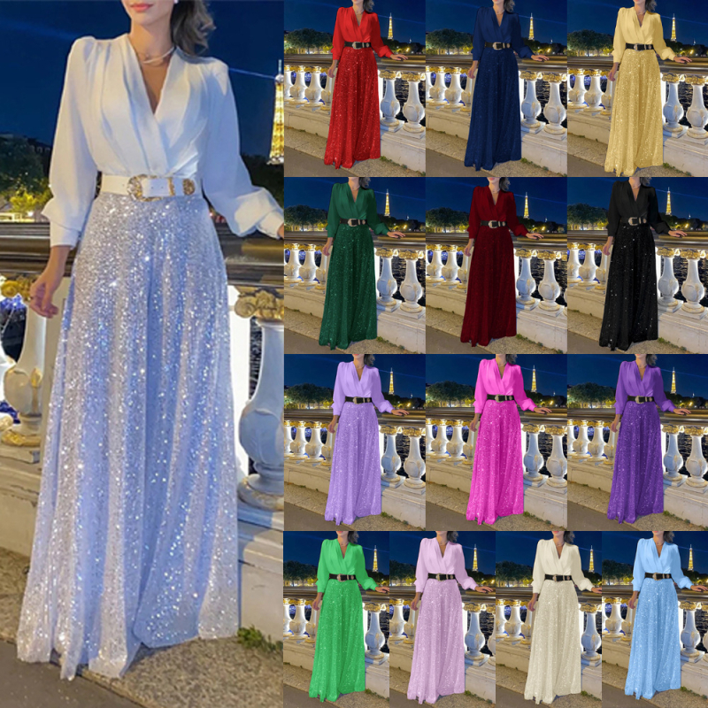 Határokon átnyúló európai és amerikai új divatos V-nyakú hosszú ujjú ing, elegáns derekú, karcsúsító, flitteres, bő szárú nadrág övvel.