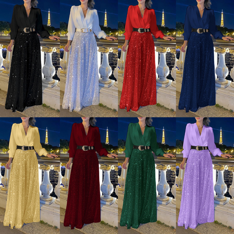 Határokon átnyúló európai és amerikai új divatos V-nyakú hosszú ujjú ing, elegáns derekú, karcsúsító, flitteres, bő szárú nadrág övvel.