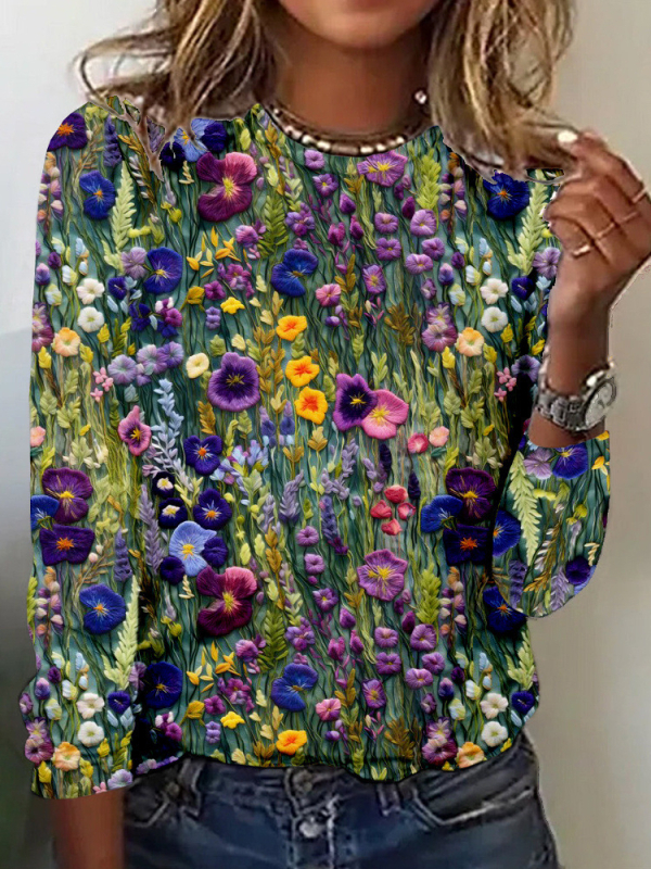 Нова дамска тениска с дълъг ръкав и кръгло деколте от Amazon през 2025 г., с флорални елементи, продавана от независима станция в Европа и Съединените щати.