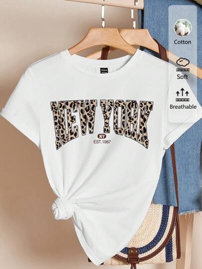 Shein Essnce leopárdmintás "New York" grafikus karcsúsított pulóver