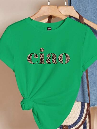 Shein Essnce leopárdmintás "New York" grafikus karcsúsított pulóver