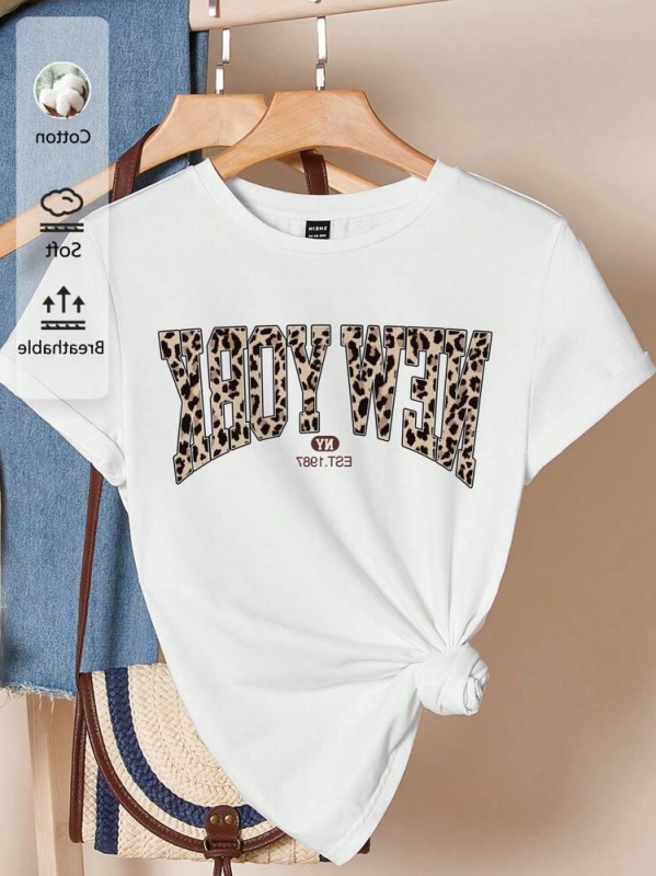 Shein Essnce leopárdmintás "New York" grafikus karcsúsított pulóver