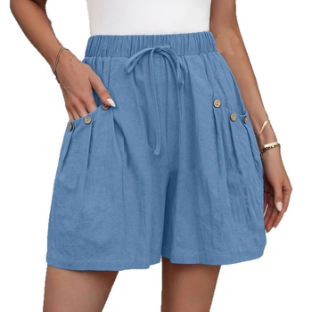 2025-ös európai és amerikai pamut és lenvászon új női nyári tiszta pamut és lenvászon rugalmas derekú húzózsinóros zsebes hétköznapi rövidnadrág