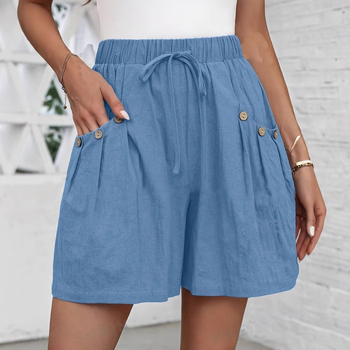 2025-ös európai és amerikai pamut és lenvászon új női nyári tiszta pamut és lenvászon rugalmas derekú húzózsinóros zsebes hétköznapi rövidnadrág