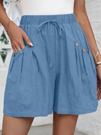 2025-ös európai és amerikai pamut és lenvászon új női nyári tiszta pamut és lenvászon rugalmas derekú húzózsinóros zsebes hétköznapi rövidnadrág