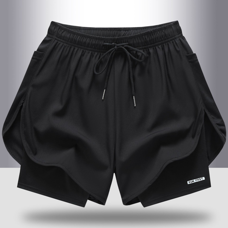 2025-ös nyári hamis kétrészes futónadrág férfiaknak, sport fitnesz gyorsan száradó nadrág, páros stílusú, lélegző, sportos hárompontos rövidnadrág