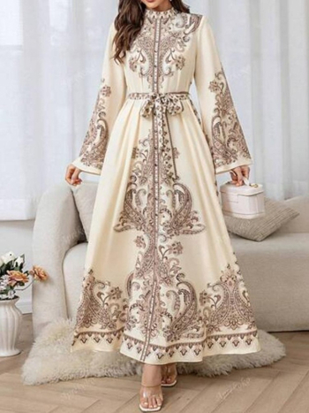 Νέα Ζεστή Προσφορά - Φόρεμα Palace Style με Στάντ Κολάρο και Μανίκια Lantern, Κυματιστό Άκρο, Μακρύ Ρετρό Σχέδιο