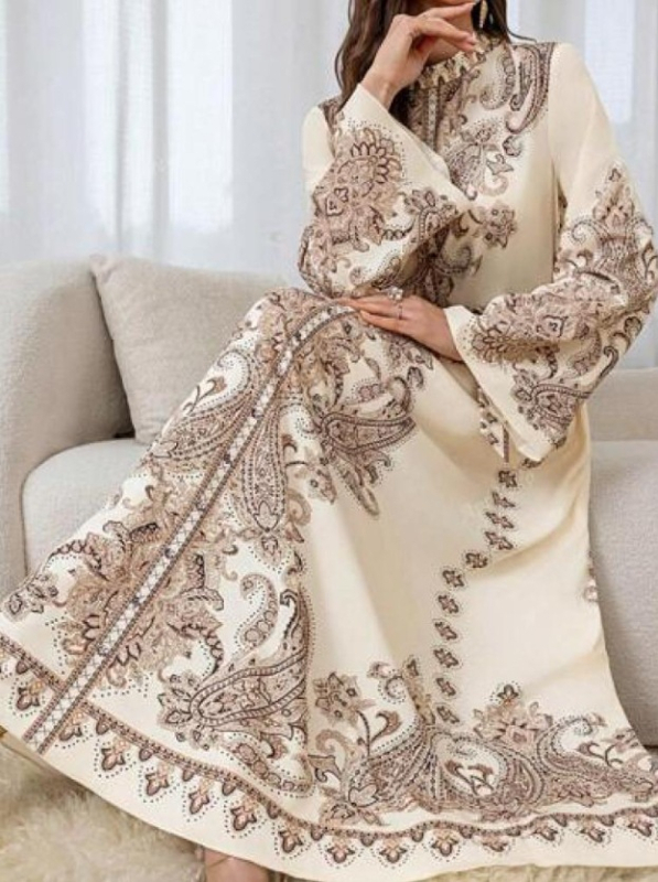 Új, menő akció - Palota stílusú, állógalléros, lámpásos ujjú, hullámos szegélyű, hosszú, retró mintás ruha