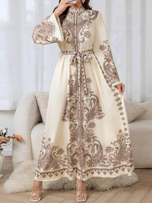 Új, menő akció - Palota stílusú, állógalléros, lámpásos ujjú, hullámos szegélyű, hosszú, retró mintás ruha