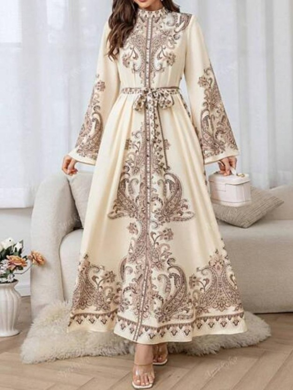 Új, menő akció - Palota stílusú, állógalléros, lámpásos ujjú, hullámos szegélyű, hosszú, retró mintás ruha