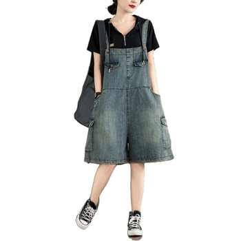 Plus Size Női Nyári Overallok, Női Nyári Vékony Farmernadrág, Kisméretű Stílusos Korcsökkentő Térdig Érő Rövidnadrág