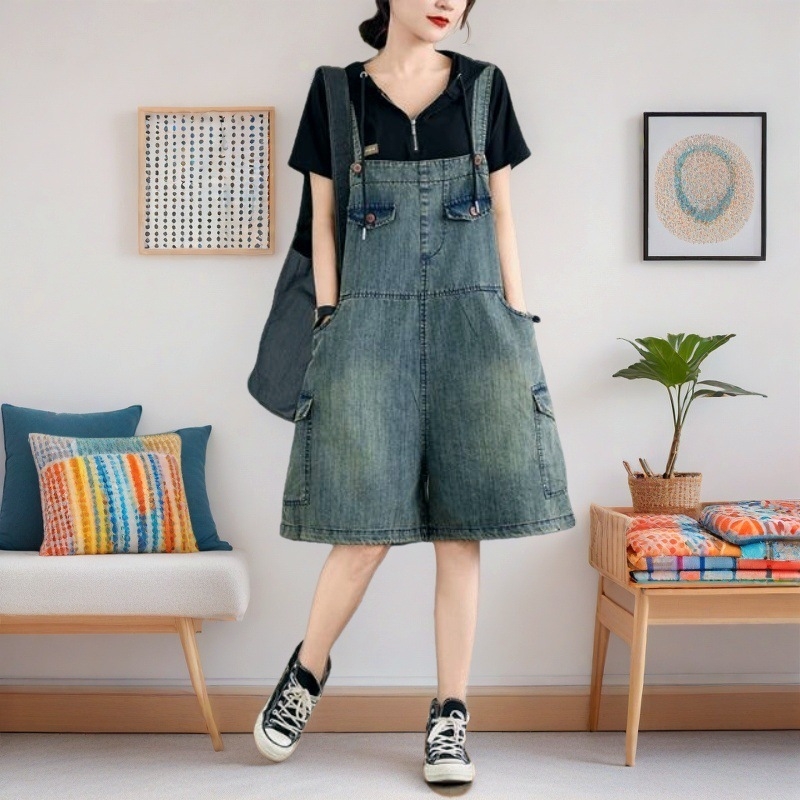 Plus Size Női Nyári Overallok, Női Nyári Vékony Farmernadrág, Kisméretű Stílusos Korcsökkentő Térdig Érő Rövidnadrág