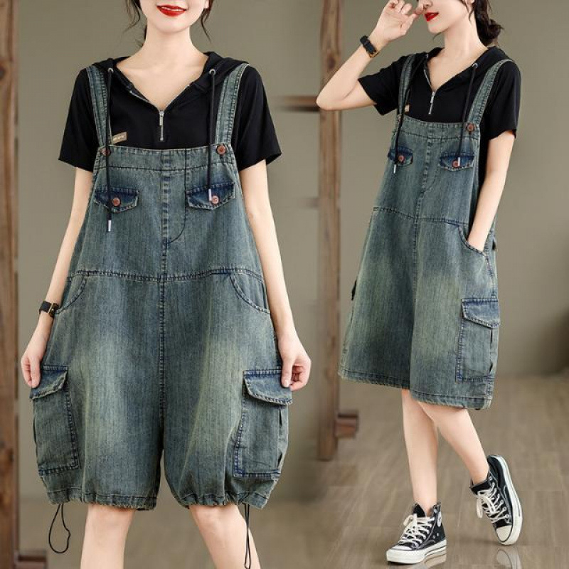 Plus Size Női Nyári Overallok, Női Nyári Vékony Farmernadrág, Kisméretű Stílusos Korcsökkentő Térdig Érő Rövidnadrág
