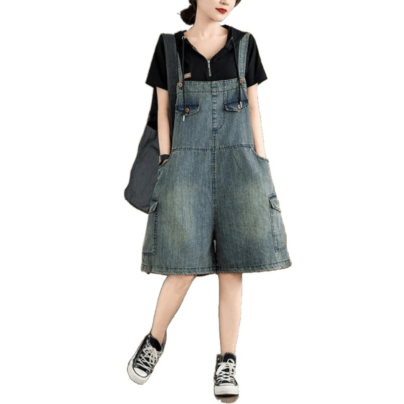 Plus Size Női Nyári Overallok, Női Nyári Vékony Farmernadrág, Kisméretű Stílusos Korcsökkentő Térdig Érő Rövidnadrág
